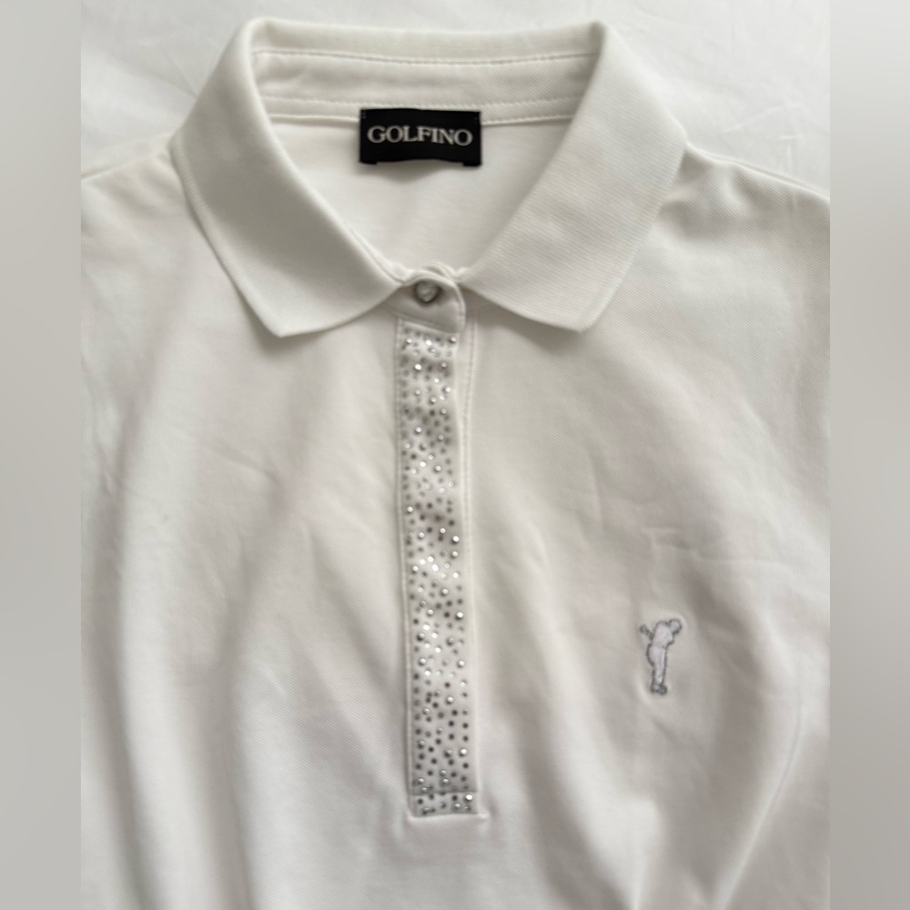 GOLFINO Christals & Sliver Thread Embellishment White Short Sleeve Golf Polo NEW